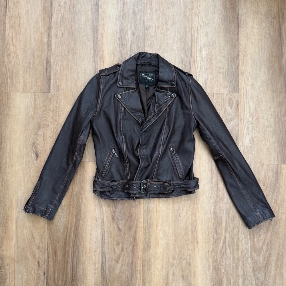 Vintage Old Navy Brown Genuine Leather Moto Biker Jacket Distressed XS grunge